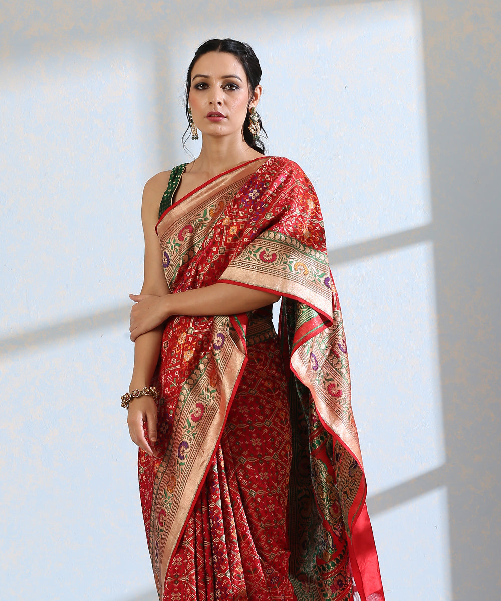 Handloom_Red_Pure_Katan_Silk_Meenakari_Banarasi_Patola_Saree_With_Floral_Paithani_Border_WeaverStory_01
