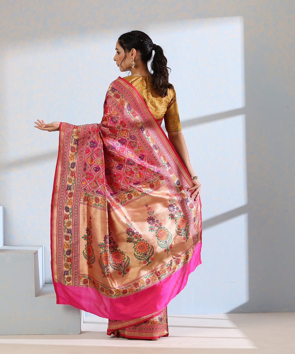Pink_Handloom_Pure_Katan_Silk_Meenakari_Banarasi_Patola_Saree_With_Floral_Paithani_Border_WeaverStory_03
