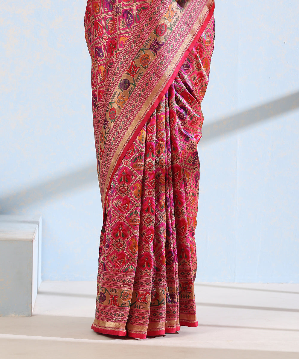 Pink_Handloom_Pure_Katan_Silk_Meenakari_Banarasi_Patola_Saree_With_Floral_Paithani_Border_WeaverStory_04
