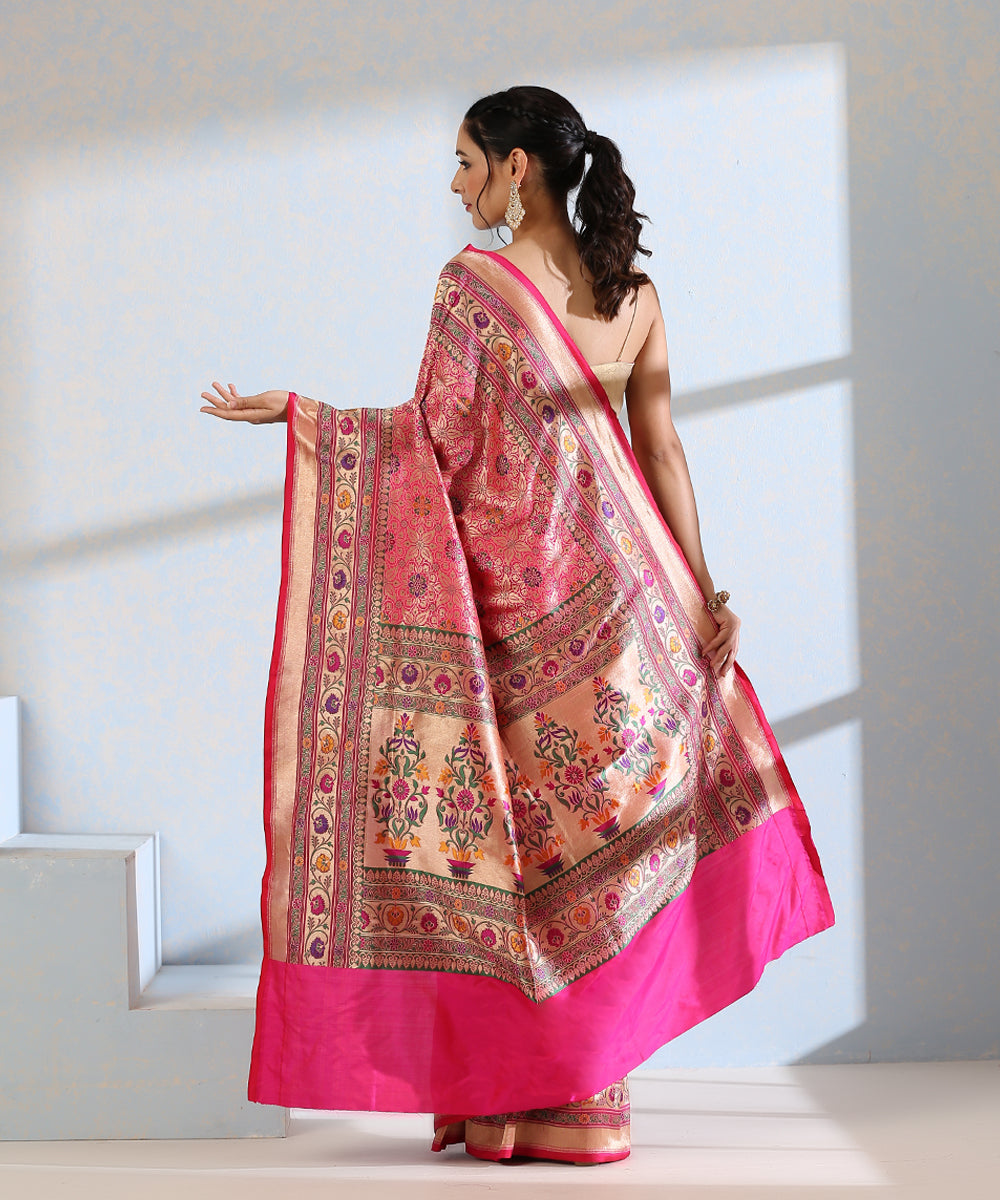Pink_Handloom_Pure_Katan_Silk_Meenakari_Banarasi_Patola_Saree_With_Floral_Paithani_Border_WeaverStory_03