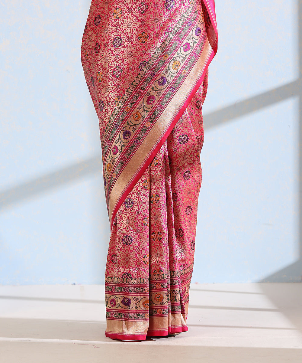 Pink_Handloom_Pure_Katan_Silk_Meenakari_Banarasi_Patola_Saree_With_Floral_Paithani_Border_WeaverStory_04
