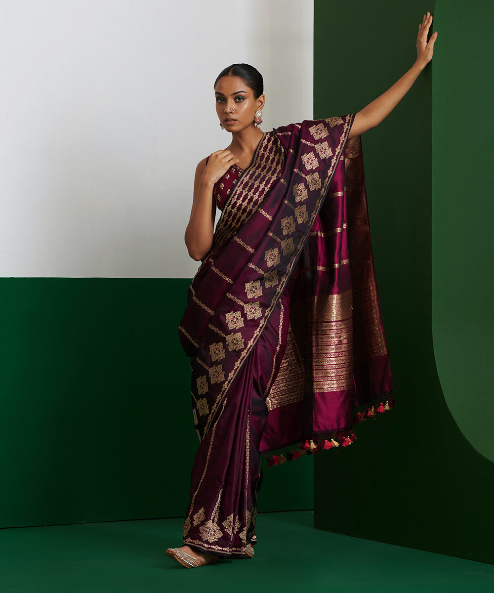 Dark_Wine_Handloom_Mashroo_Silk_Banarasi_Saree_With_Zari_Stripes_WeaverStory_02