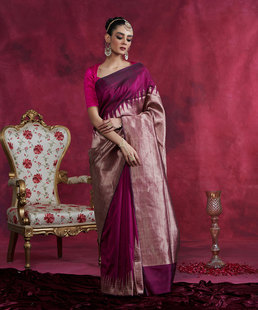 Wine_Handloom_Pure_Katan_Silk_Banarasi_Tanchoi_Saree_With_Rising_Temple_Zari_Border_WeaverStory_02