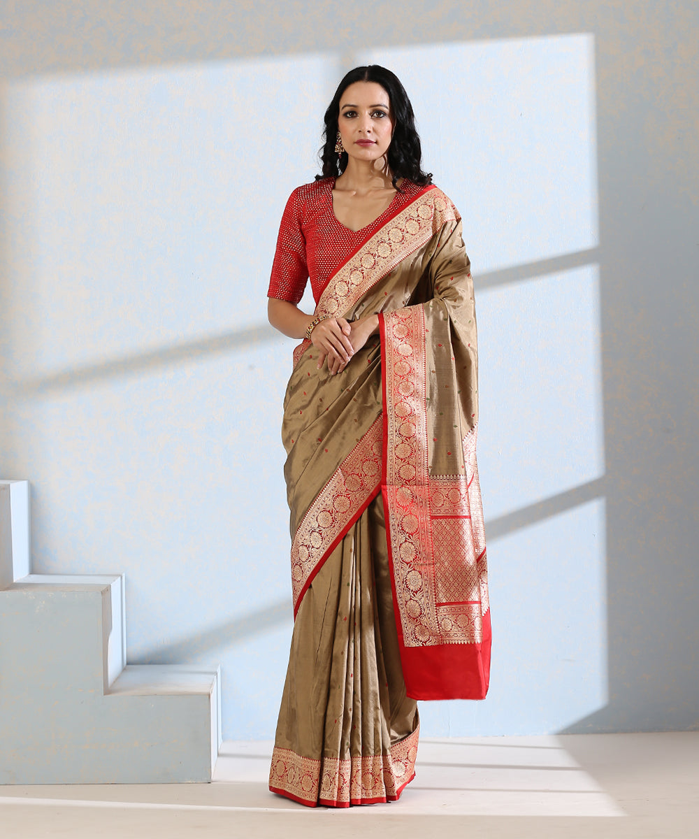 Brown_Handloom_Pure_Katan_Silk_Resham_Booti_Banarasi_Saree_With_Red_Border_WeaverStory_02