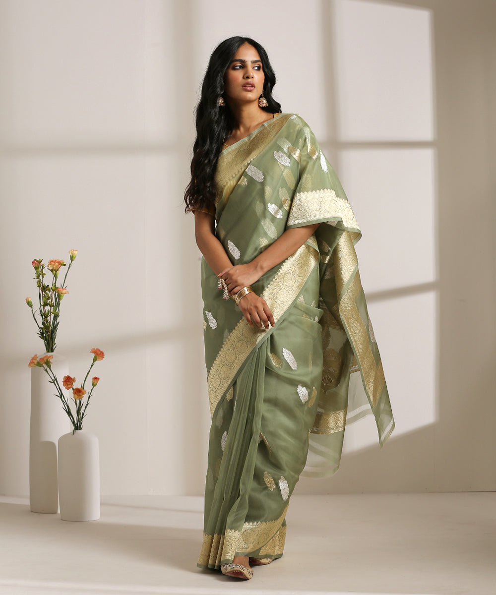 Sage_Green_Handloom_Kora_Silk_Banarasi_Saree_With_Kadhwa_Booti_And_Zari_Border_WeaverStory_02