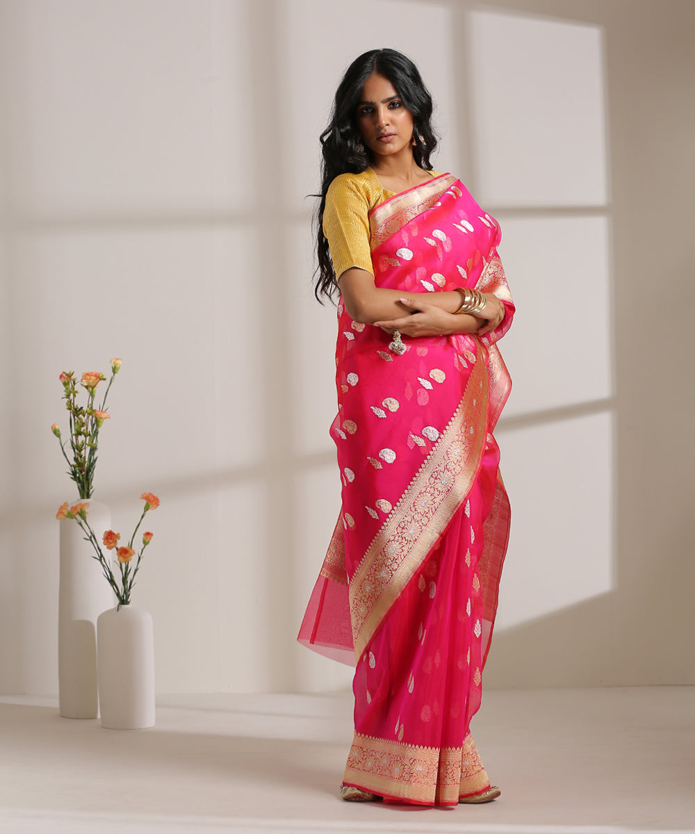 Hot_Pink_Handloom_Kora_Silk_Banarasi_Saree_With_Kadhwa_Booti_WeaverStory_02