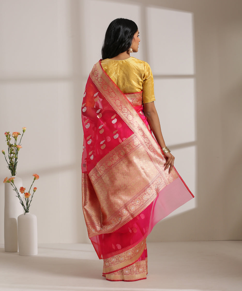 Hot_Pink_Handloom_Kora_Silk_Banarasi_Saree_With_Kadhwa_Booti_WeaverStory_03