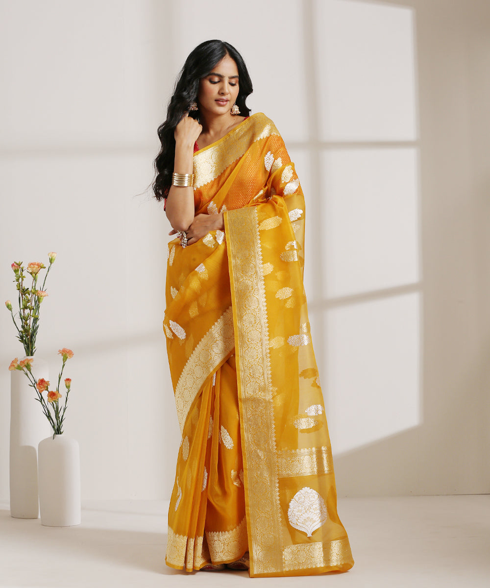 Mustard_Handloom_Kora_Silk_Banarasi_Saree_With_Kadhwa_Zari_Booti_WeaverStory_02