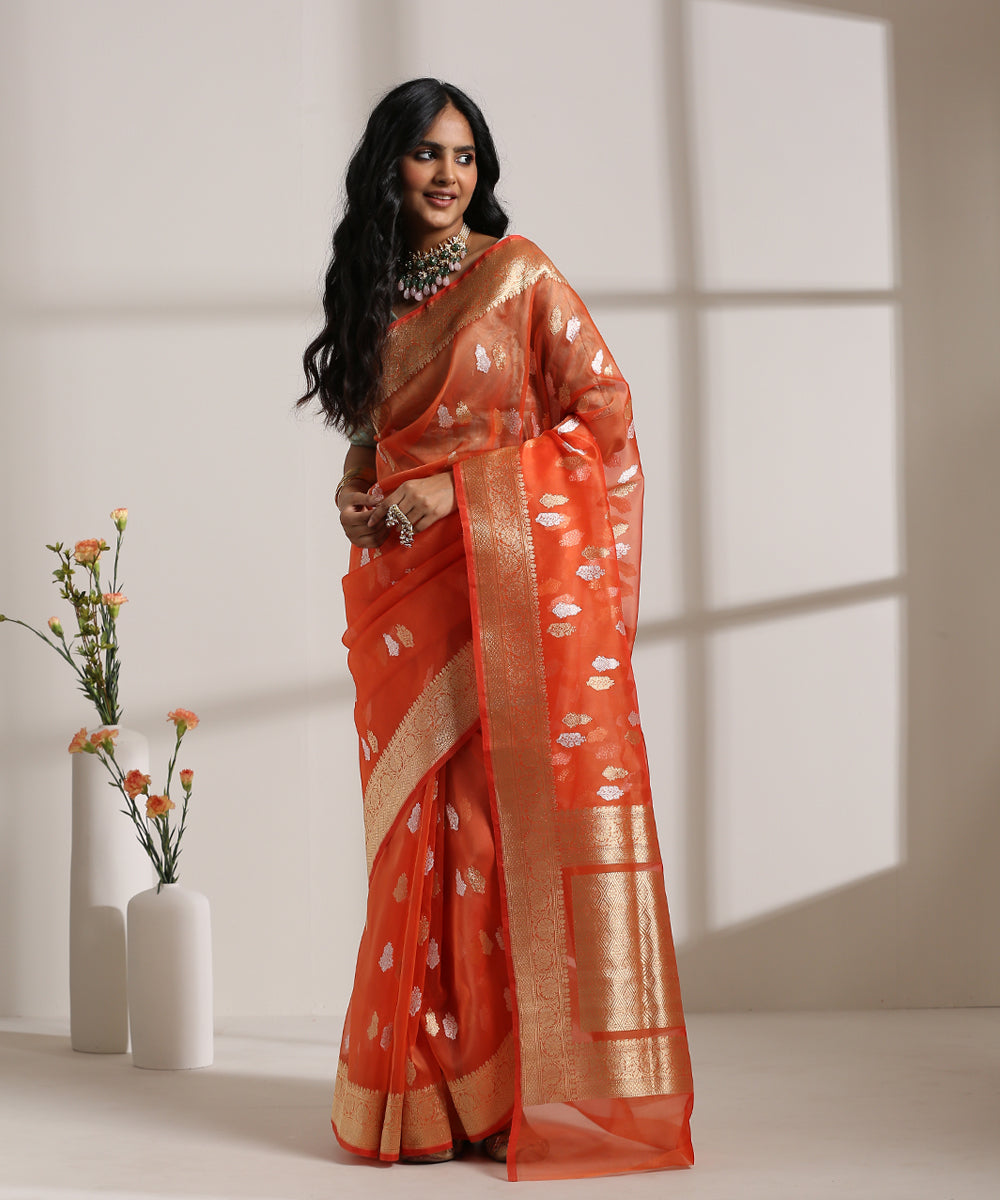 Orange_Handloom_Kora_Silk_Banarasi_Saree_With_Kadhwa_Zari_Booti_WeaverStory_02