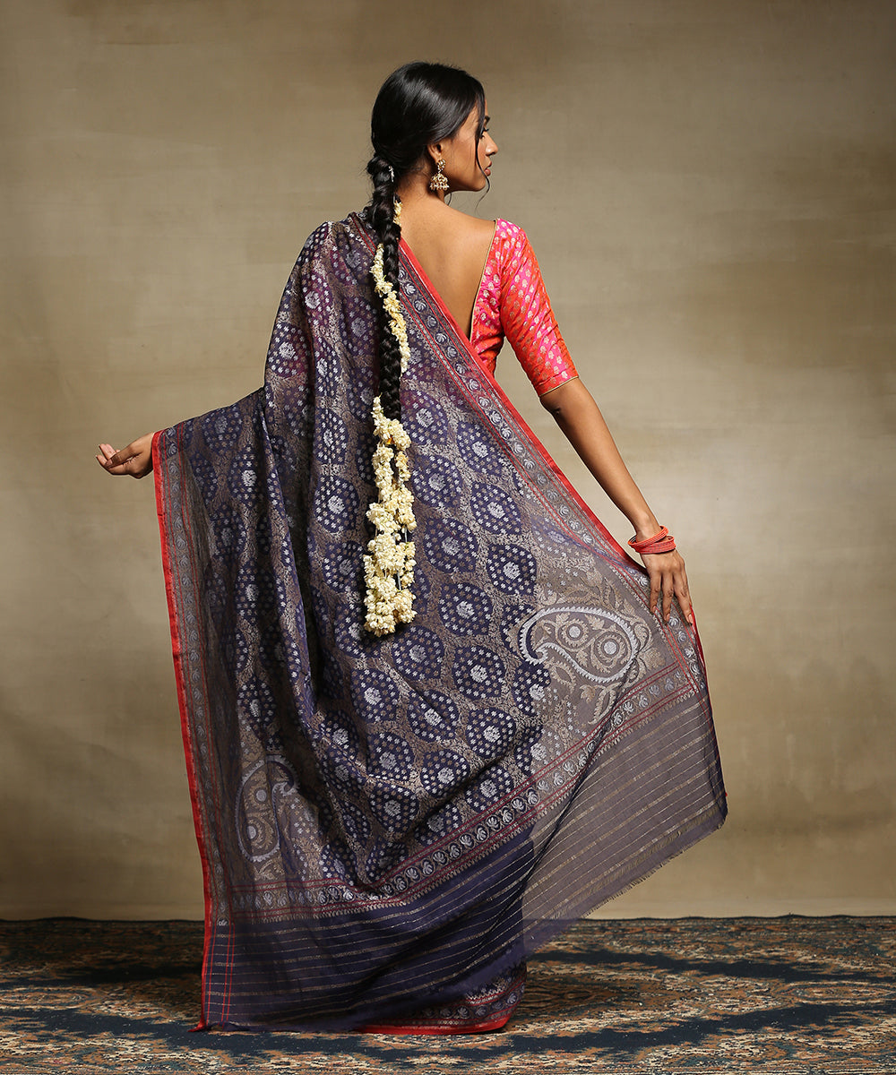 Handloom_Indigo_Pure_Cotton_Banarasi_Jamdani_Saree_With_Paisley_Pallu_WeaverStory_03