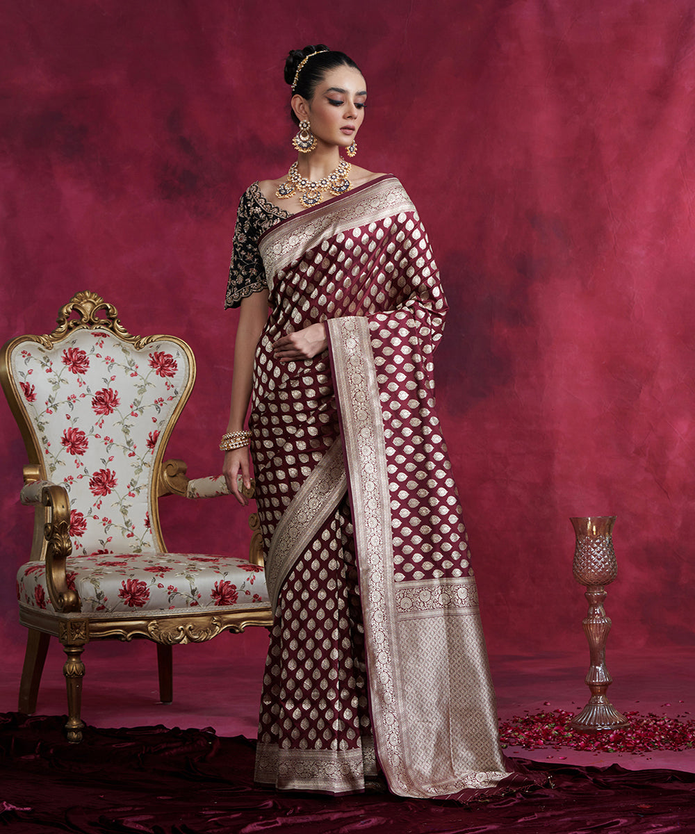 Handloom_Wine_Traditional_Mughal_Boota_Pure_Katan_Silk_Banarasi_Saree_WeaverStory_02