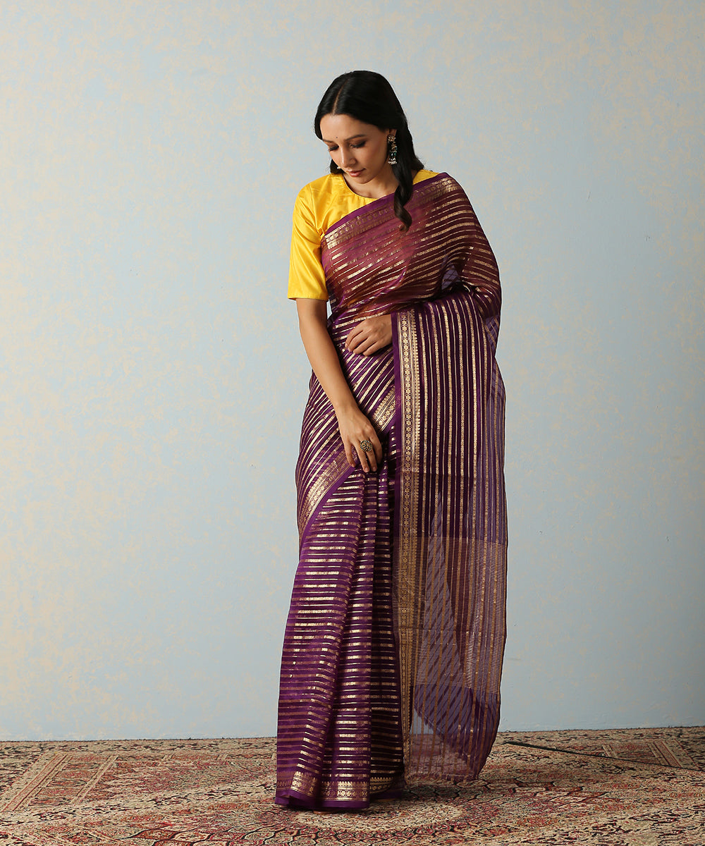 Purple_Handloom_Kora_Silk_Banarasi_Saree_With_Horizontal_Stripes_WeaverStory_02
