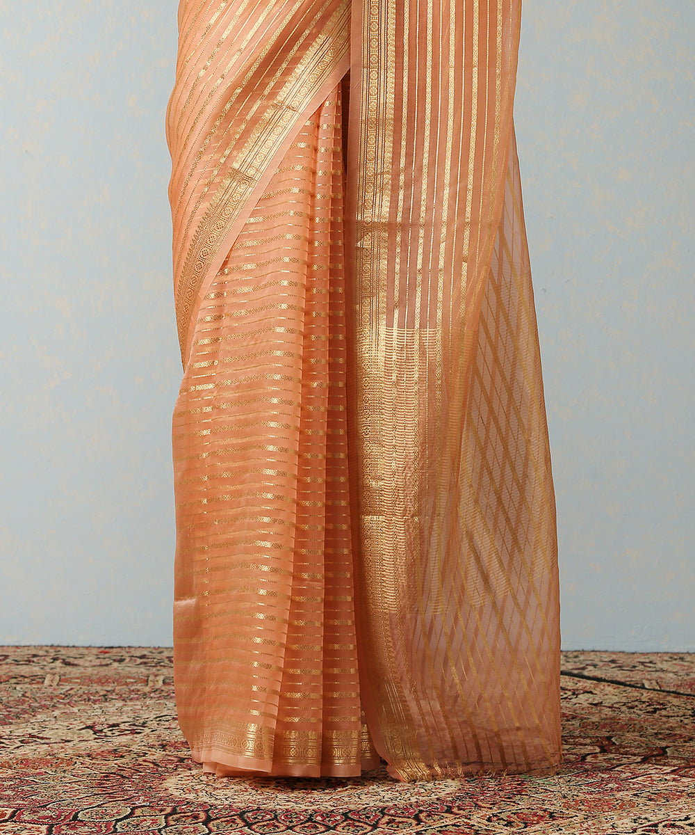 Handloom_Peach_Kora_Silk_Banarasi_Saree_With_Horizontal_Stripes_WeaverStory_04