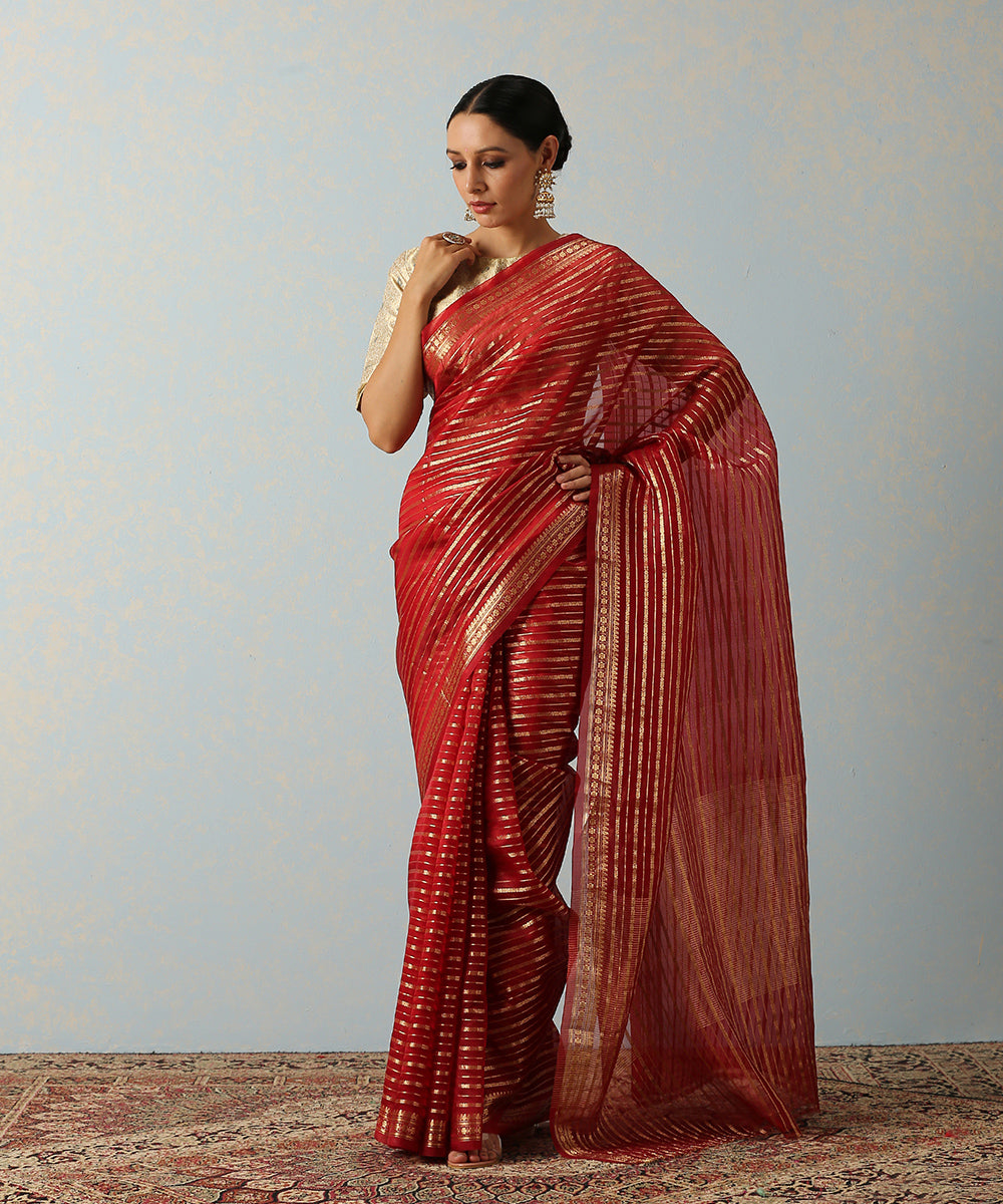 Maroon_Handloom_Kora_Silk_Banarasi_Saree_With_Horizontal_Stripes_WeaverStory_02