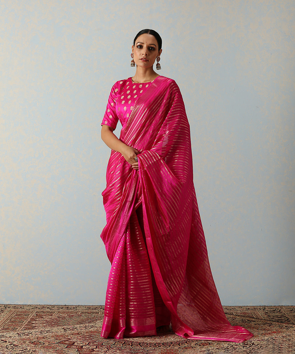 Handloom_Pink_Katan_Silk_Banarasi_Saree_With_Horizontal_Stripes_WeaverStory_02