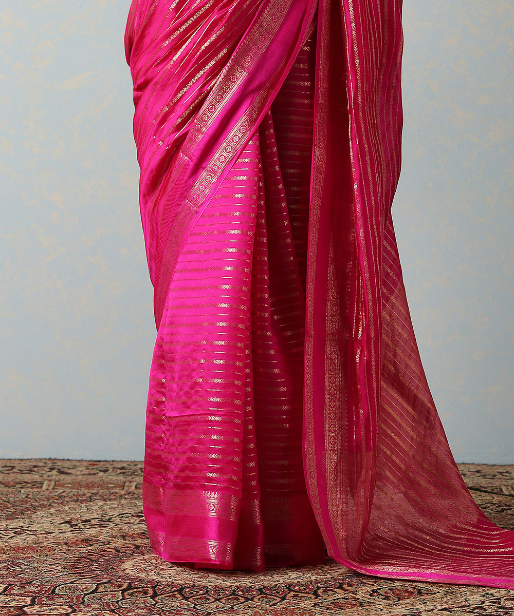 Handloom_Pink_Katan_Silk_Banarasi_Saree_With_Horizontal_Stripes_WeaverStory_04