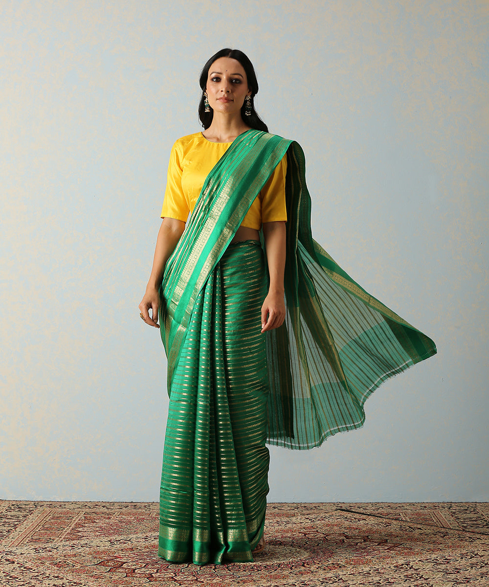 Handloom_Green_Katan_Silk_Banarasi_Saree_With_Horizontal_Stripes_WeaverStory_02
