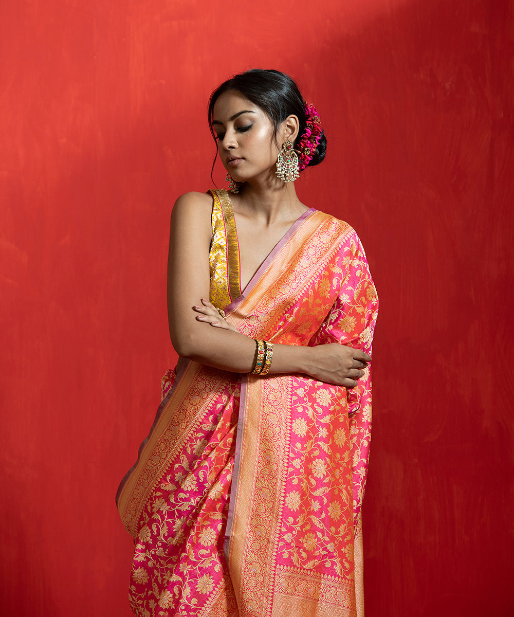 Handloom_Pink_And_Orange_Dual_Tone_Pure_Katan_Silk_Banarasi_Saree_With_Kadhwa_Jaal_WeaverStory_01