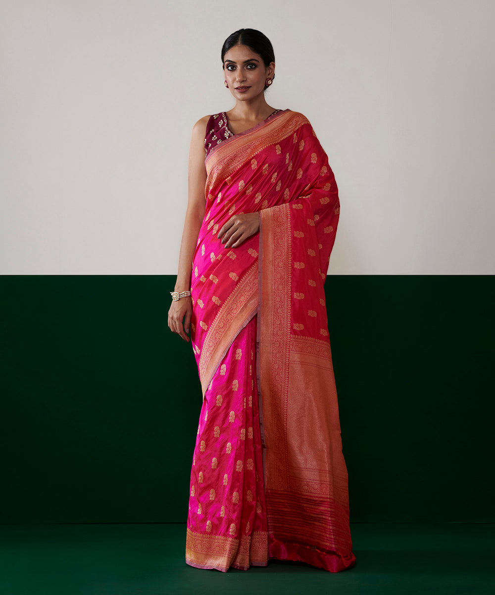 Handloom_Hot_Pink_Pure_Katan_Silk_Banarasi_Saree_With_Cutwork_Booti_WeaverStory_02