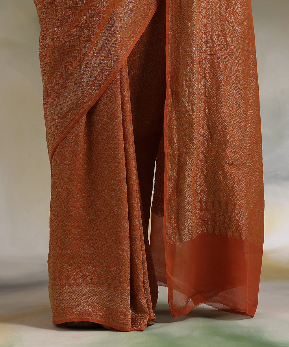 Rust_Handloom_Pure_Tissue_Georgette_Banarasi_Saree_With_Kadhwa_Weave_WeaverStory_04
