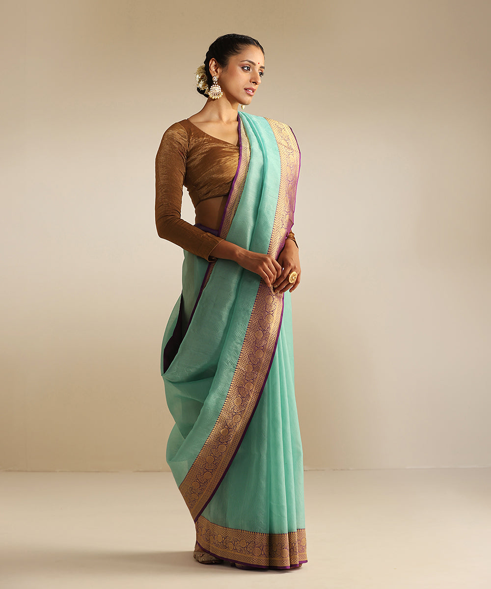 Sea_Green_Handloom_Pure_Kora_Silk_Tanchoi_Banarasi_Saree_With_Purple_Kadhwa_Border_WeaverStory_02