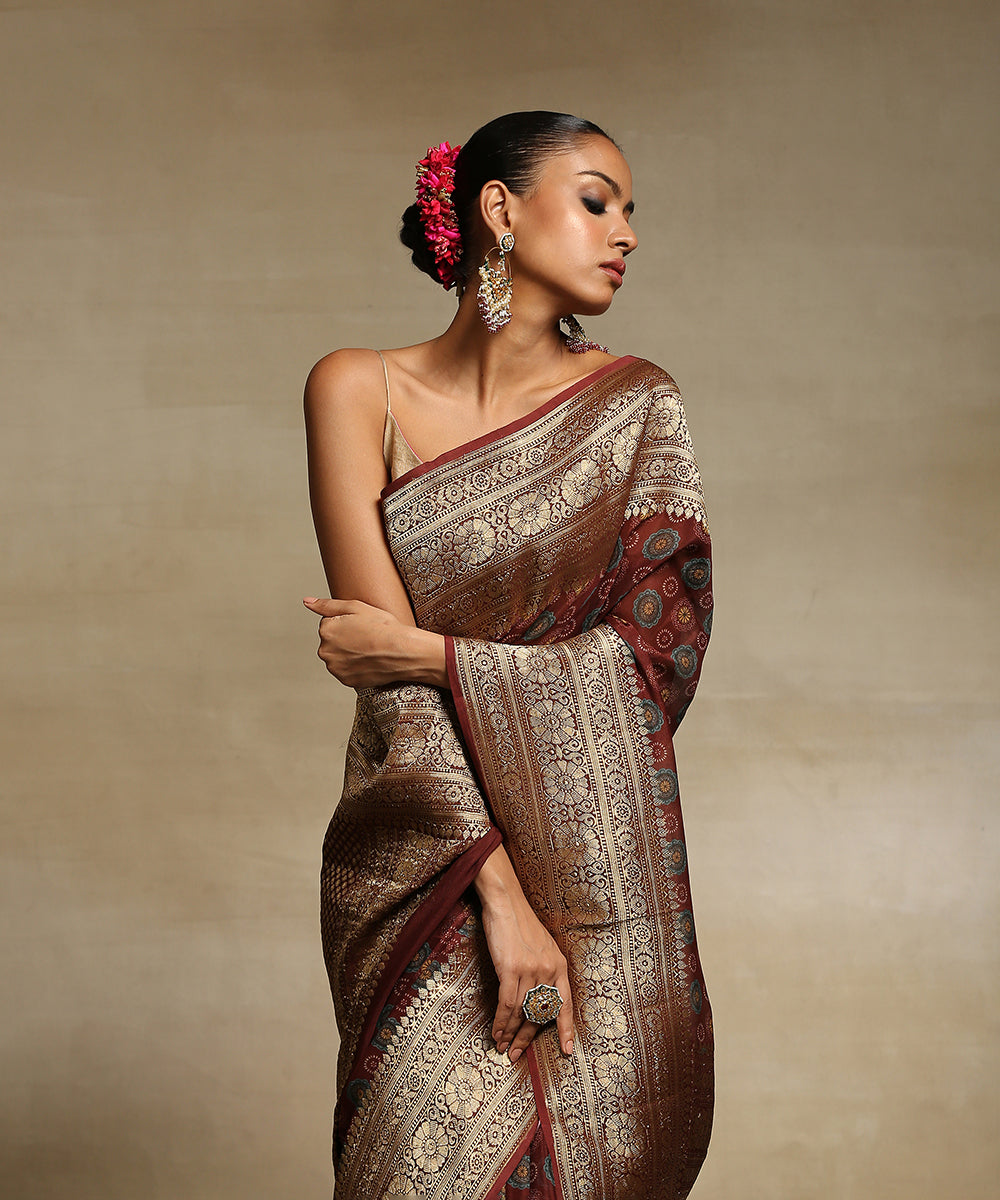 Wine_Handloom_Pure_Grorgette_Banarasi_Saree_With_Ajrakh_Printing_And_Zari_Border_WeaverStory_01
