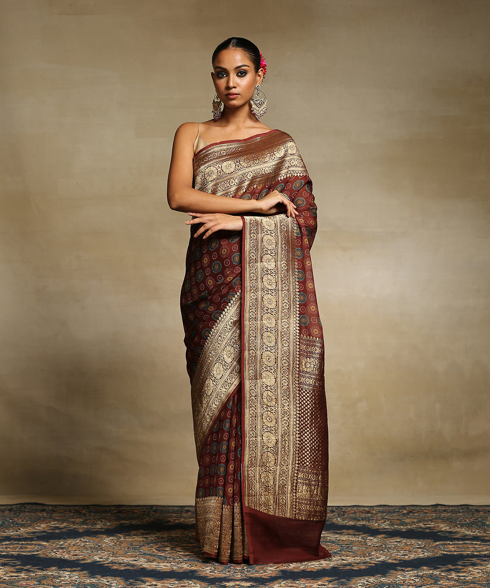Wine_Handloom_Pure_Grorgette_Banarasi_Saree_With_Ajrakh_Printing_And_Zari_Border_WeaverStory_02