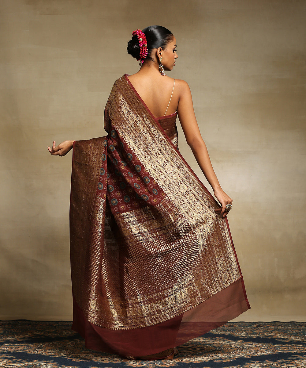 Wine_Handloom_Pure_Grorgette_Banarasi_Saree_With_Ajrakh_Printing_And_Zari_Border_WeaverStory_03