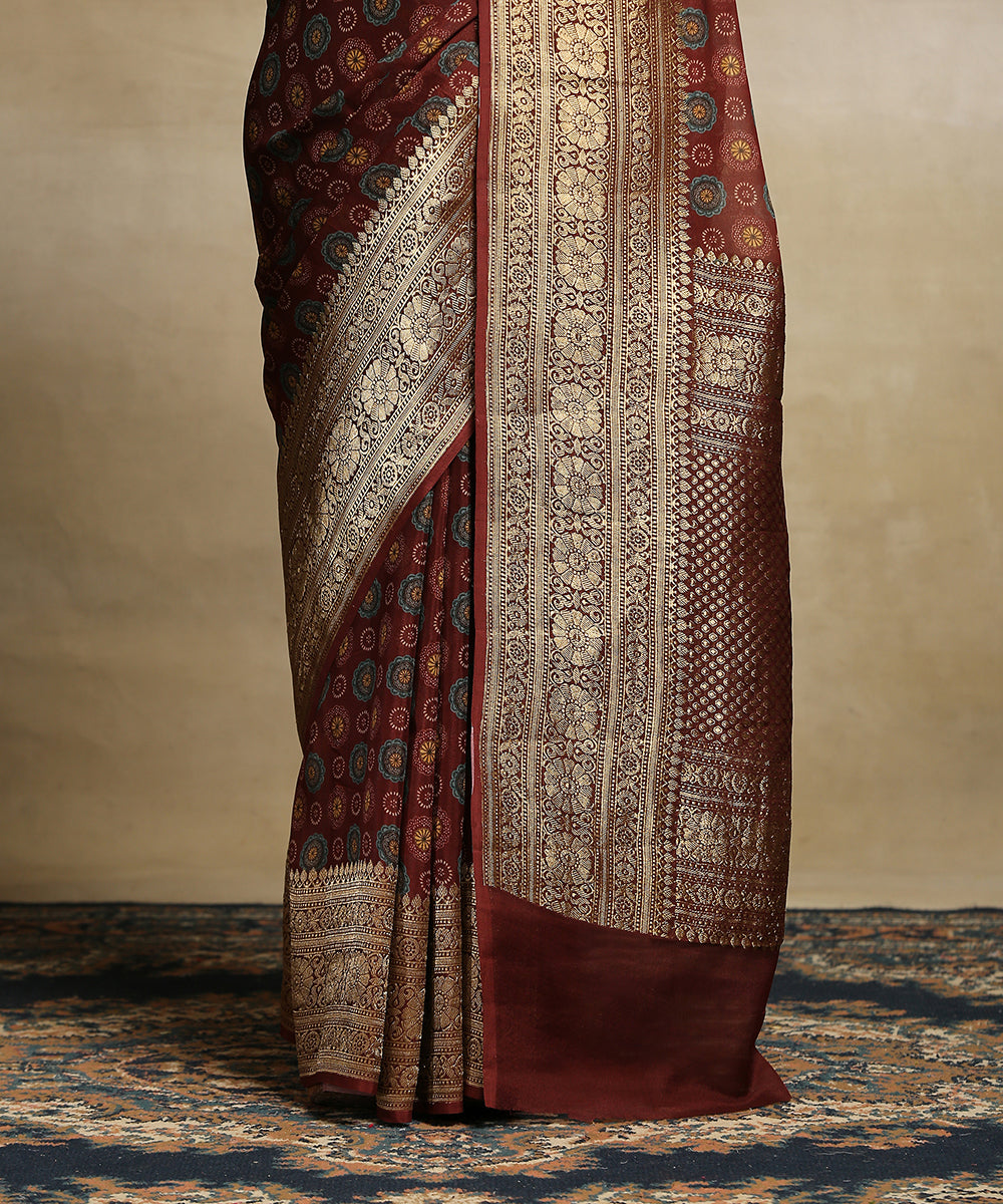 Wine_Handloom_Pure_Grorgette_Banarasi_Saree_With_Ajrakh_Printing_And_Zari_Border_WeaverStory_04