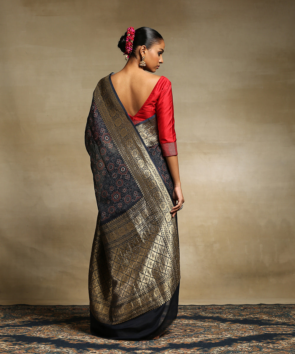 Handloom_Blue_Pure_Georgette_Banarasi_Saree_With_Ajrakh_Printing_And_Zari_Border_WeaverStory_03