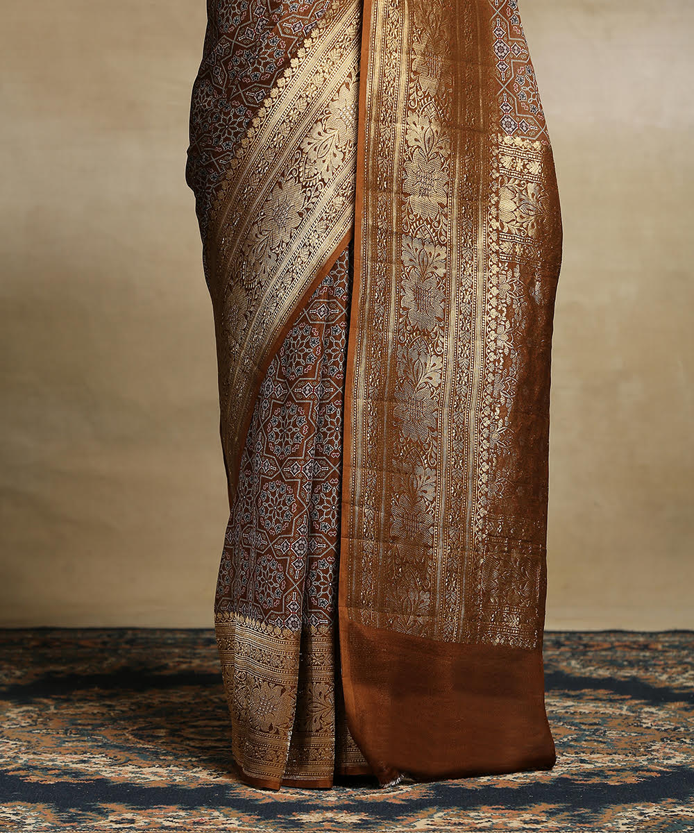 Handloom_Brown_Pure_Georgette_Banarasi_Saree_With_Ajrakh_Printing_And_Zari_Border_WeaverStory_04