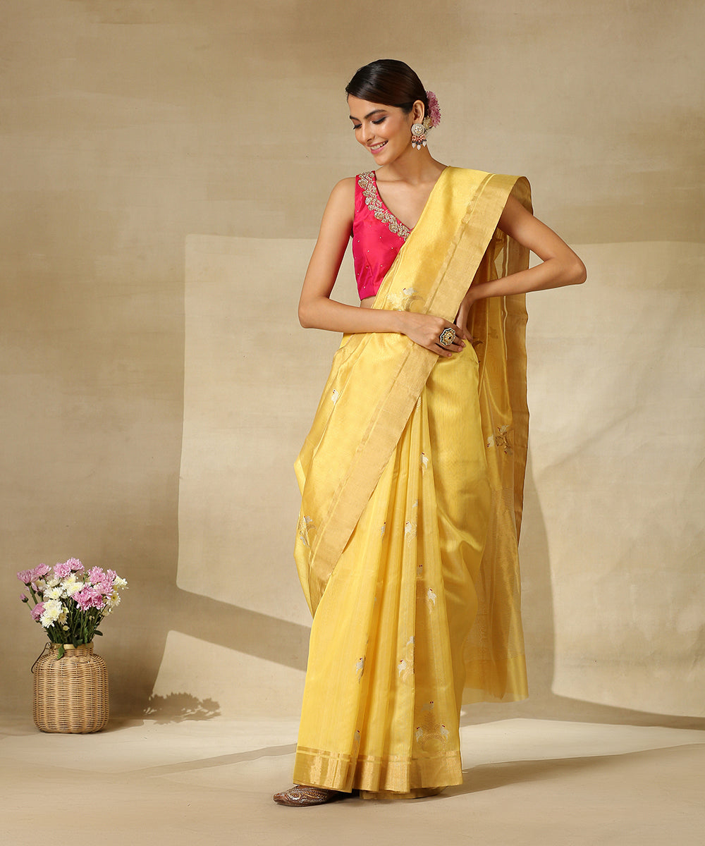 Golden_Yellow_Handloom_Kora_Chanderi_Saree_With_Gold_And_Silver_Zari_Boota_WeaverStory_02