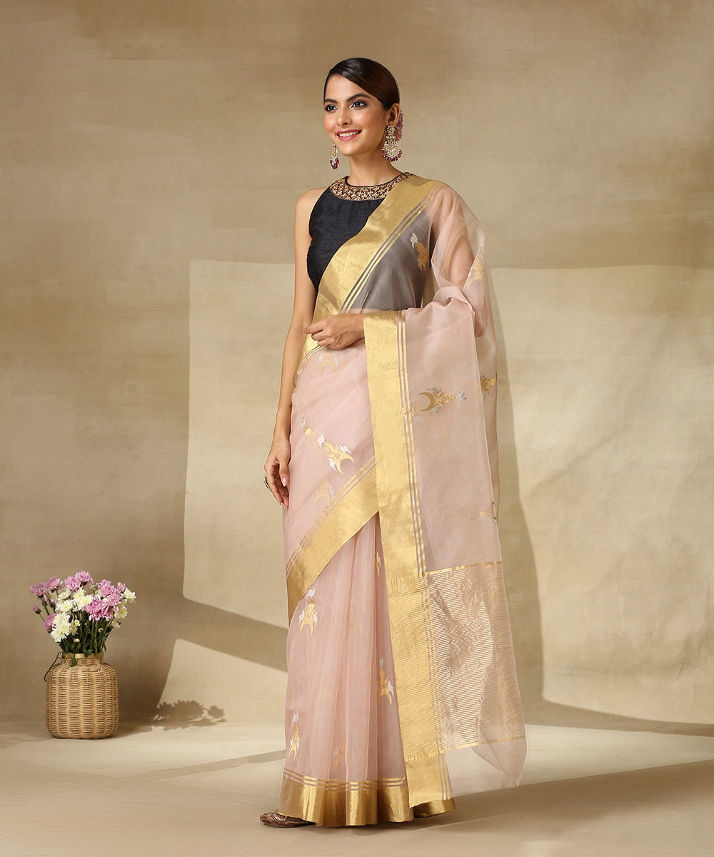 Handloom_Pink_Kora_Chanderi_Saree_With_Gold_And_Silver_Zari_Boota_WeaverStory_02