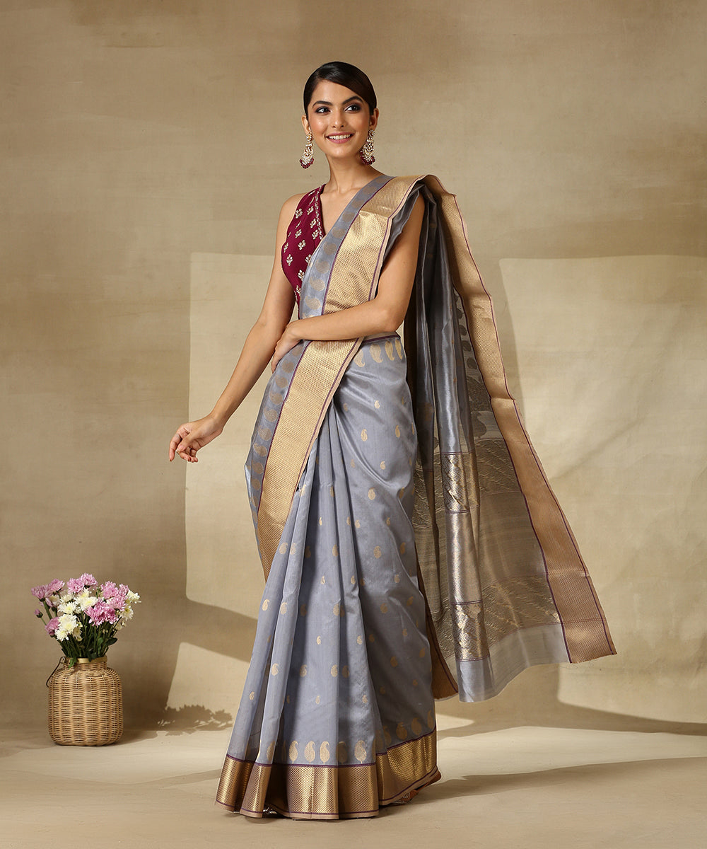 Handloom_Blue_And_Grey_Pure_Silk_Chanderi_Saree_With_Paisley_Border_WeaverStory_02