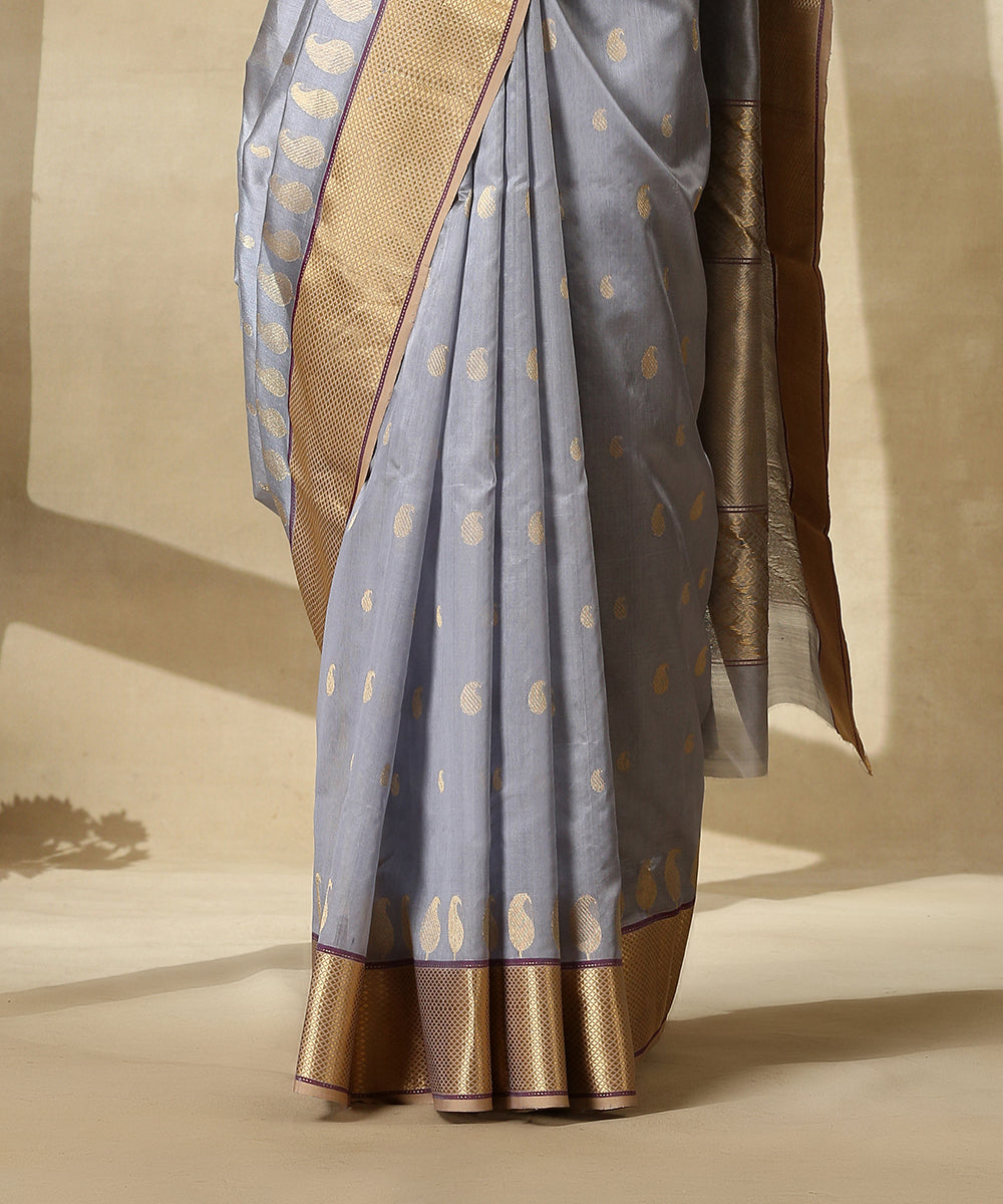 Handloom_Blue_And_Grey_Pure_Silk_Chanderi_Saree_With_Paisley_Border_WeaverStory_04