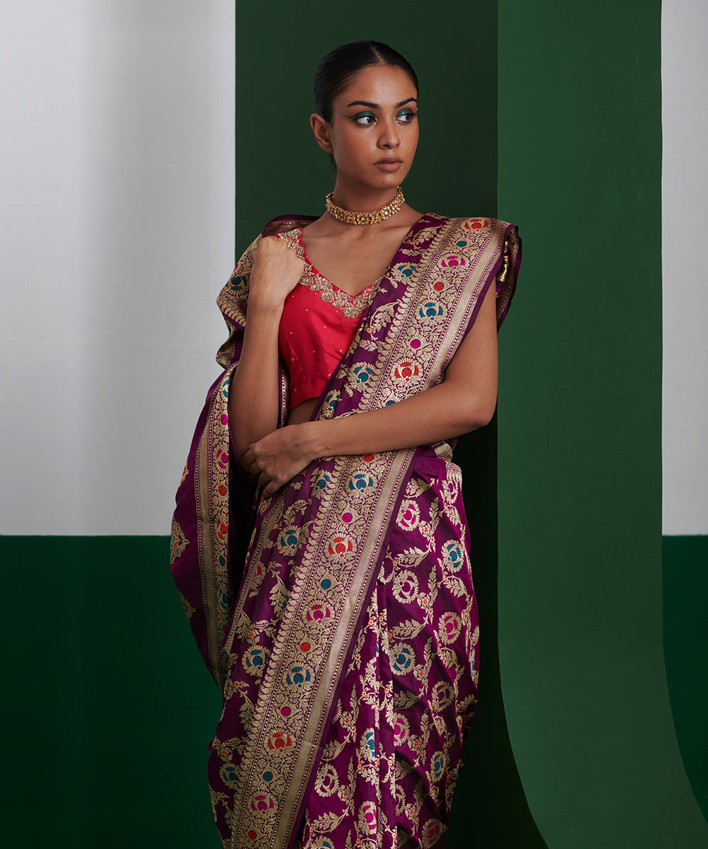 Wine_Handloom_Pure_Katan_Silk_Banarasi_Saree_With_Meenakari_And_Zari_Jaal_WeaverStory_01