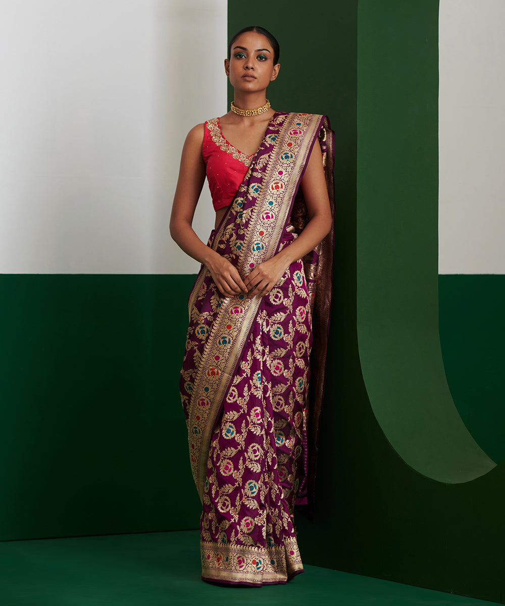 Wine_Handloom_Pure_Katan_Silk_Banarasi_Saree_With_Meenakari_And_Zari_Jaal_WeaverStory_02