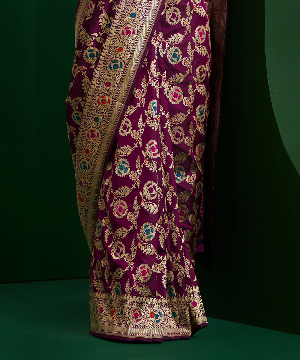 Wine_Handloom_Pure_Katan_Silk_Banarasi_Saree_With_Meenakari_And_Zari_Jaal_WeaverStory_04