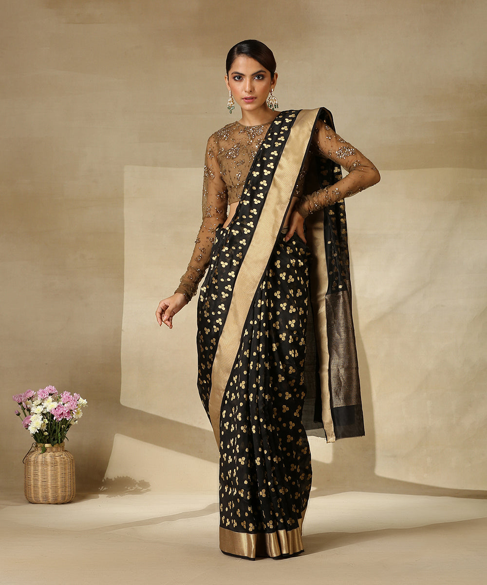 Handloom_Black_Pure_Silk_Chanderi_Saree_With_All_Over_Zari_Booti_WeaverStory_02