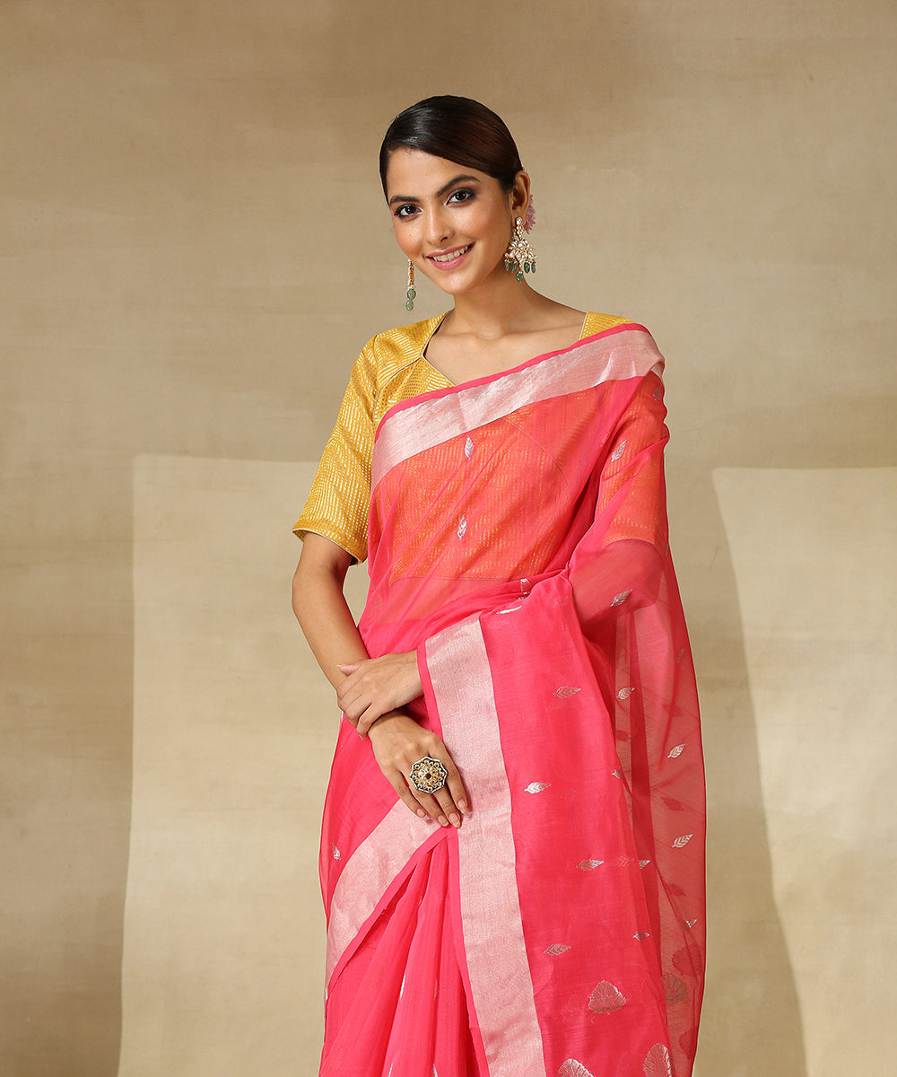 Pink_Handloom_Cotton_Silk_Chanderi_Saree_With_Silver_Zari_Booti_WeaverStory_01