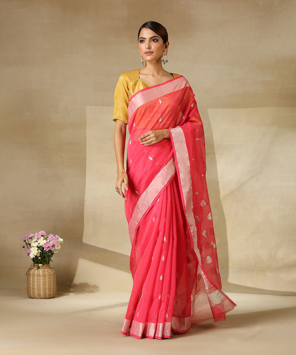 Pink_Handloom_Cotton_Silk_Chanderi_Saree_With_Silver_Zari_Booti_WeaverStory_02