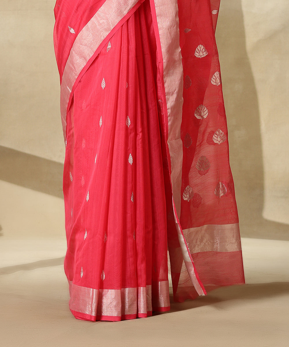 Pink_Handloom_Cotton_Silk_Chanderi_Saree_With_Silver_Zari_Booti_WeaverStory_04
