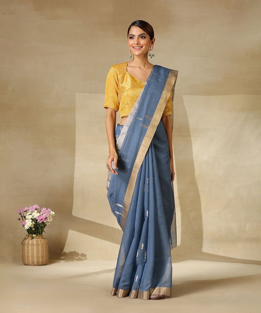 Blue_Handloom_Cotton_Silk_Chanderi_Saree_With_Gold_And_Silver_Zari_Fish_Motifs_WeaverStory_02