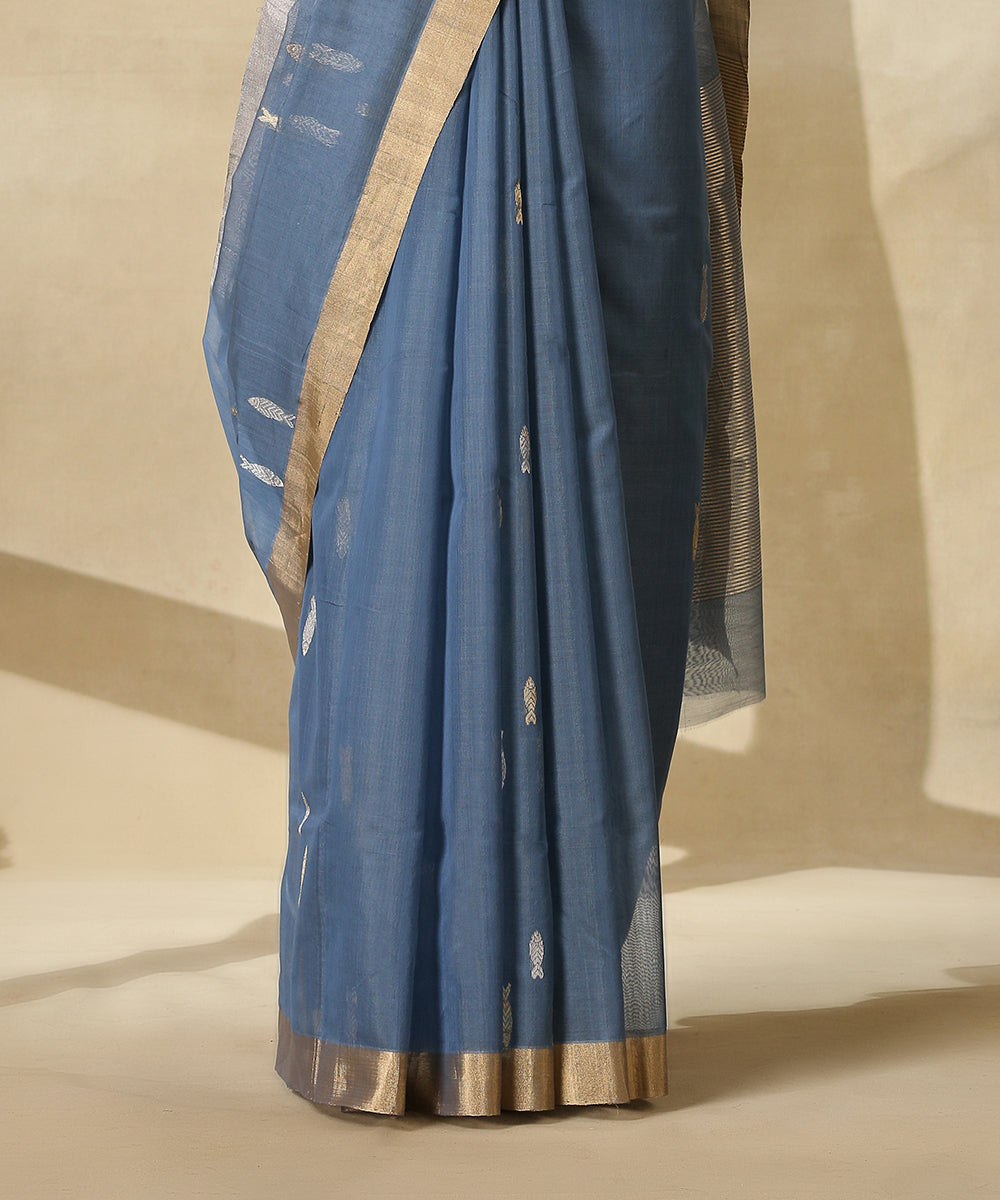 Blue_Handloom_Cotton_Silk_Chanderi_Saree_With_Gold_And_Silver_Zari_Fish_Motifs_WeaverStory_04