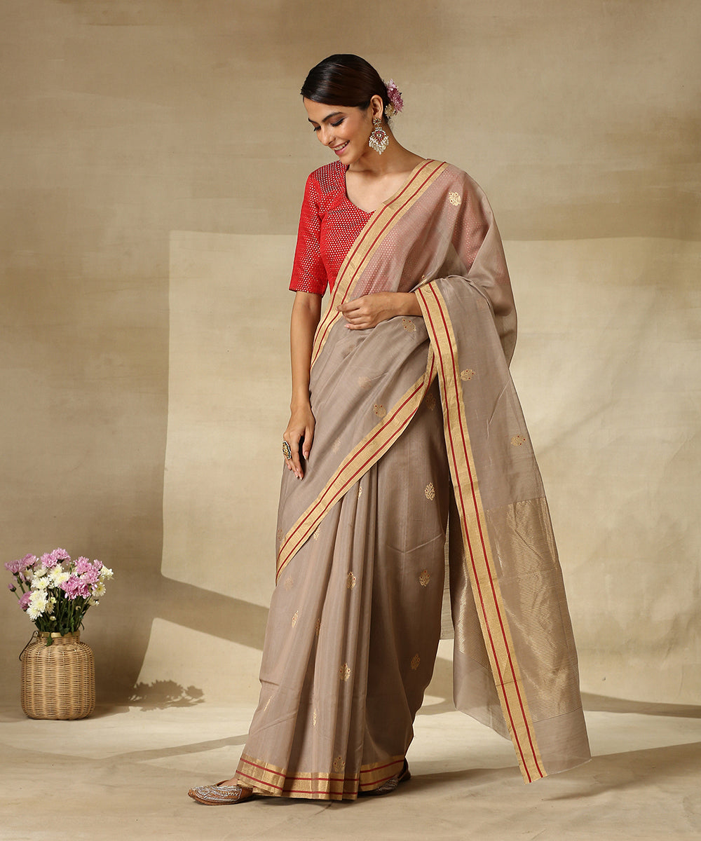 Handloom_Brown_Cotton_Silk_Chanderi_Saree_With_Gold_Zari_Booti_WeaverStory_02