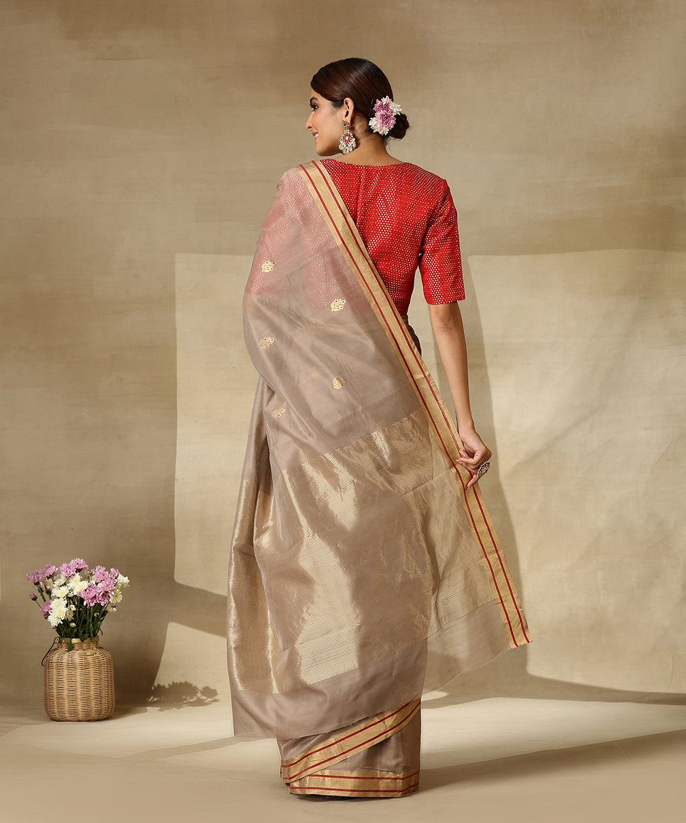 Handloom_Brown_Cotton_Silk_Chanderi_Saree_With_Gold_Zari_Booti_WeaverStory_03