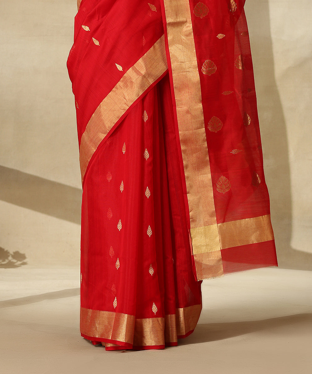 Red_Handloom_Cotton_Silk_Chanderi_Saree_With_Gold_Zari_Booti_WeaverStory_04