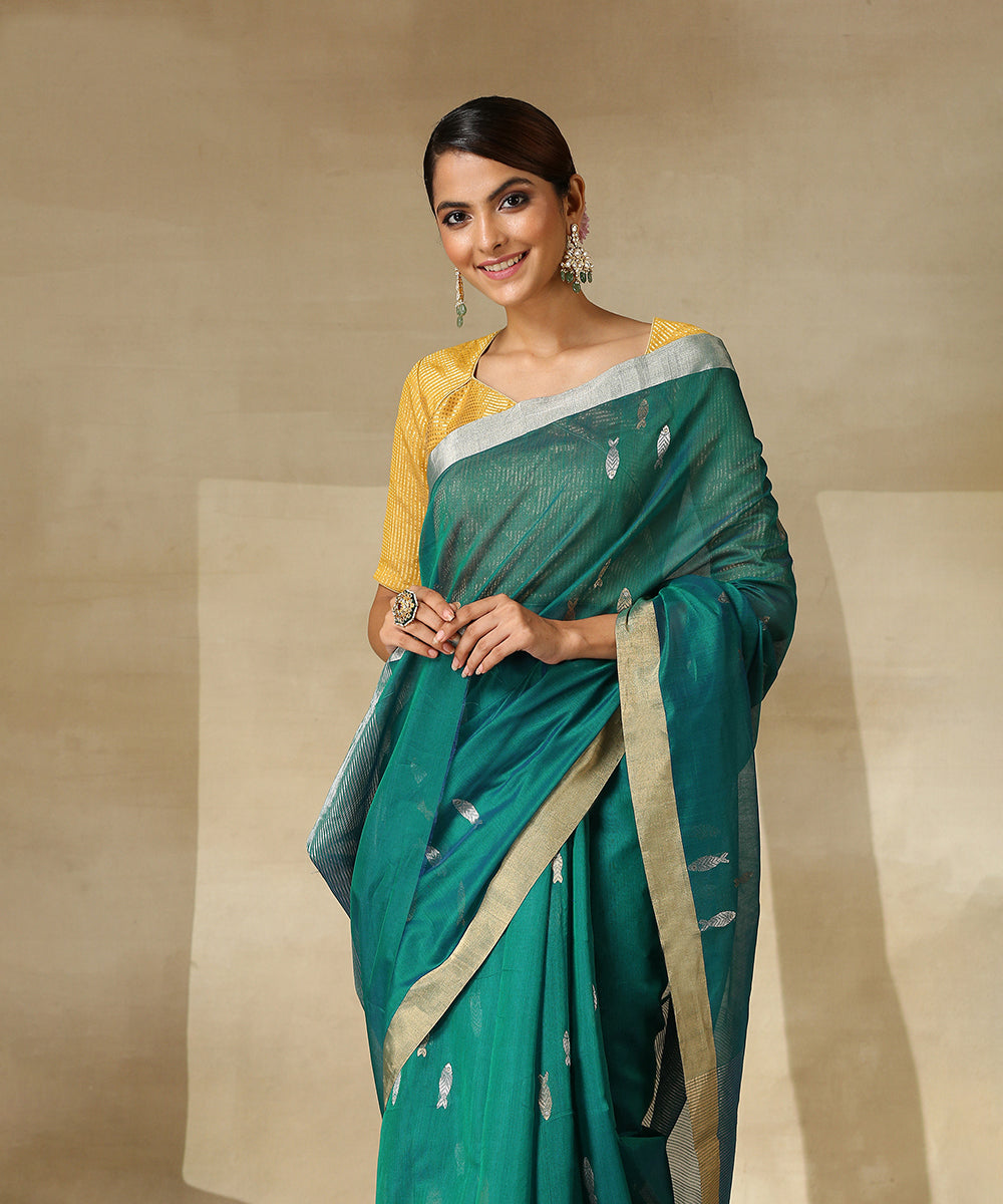Handloom_Peacock_Blue_Cotton_Silk_Chanderi_Saree_With_Gold_And_Silver_Zari_Fish_Motifs_WeaverStory_01