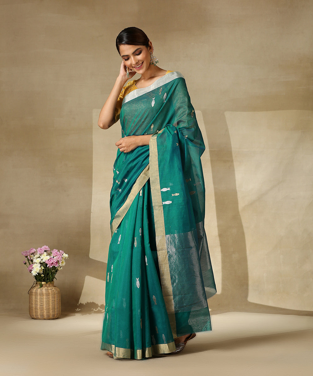 Handloom_Peacock_Blue_Cotton_Silk_Chanderi_Saree_With_Gold_And_Silver_Zari_Fish_Motifs_WeaverStory_02
