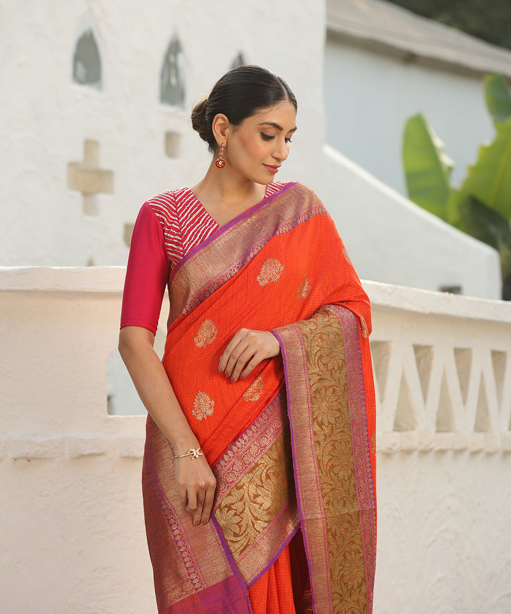Handloom_Orange_Dupion_Silk_Banarasi_Saree_With_Broad_Zari_Purple_Border_WeaverStory_01